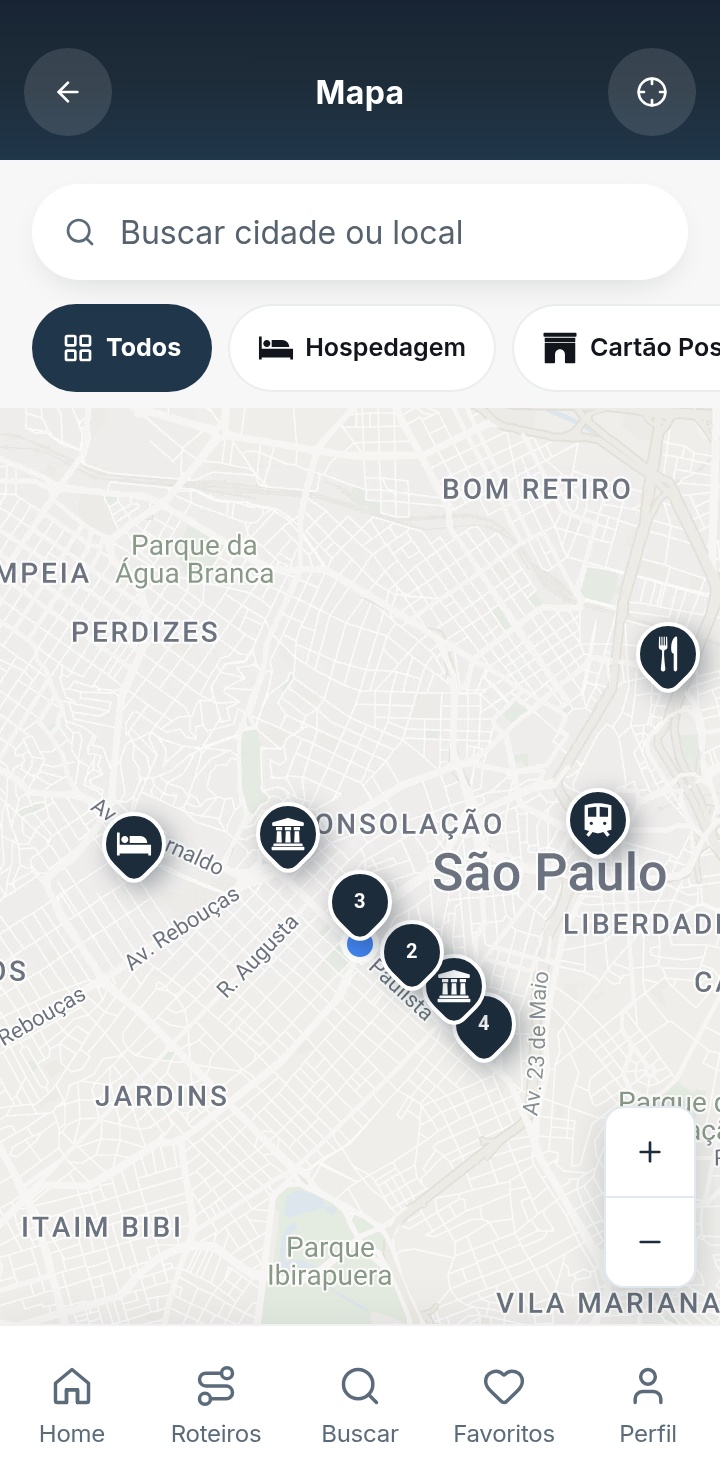 Mapa do aplicativo em São Paulo, com localização do usuário e pins de lugares por categoria